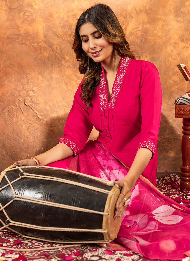 Fuchsia Roman Silk Embroidered Kurta Set For Ceremonial