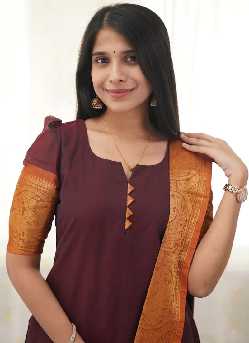 Wine Kanchi Cotton Woven Kurta And Dupatta For Casual Wear