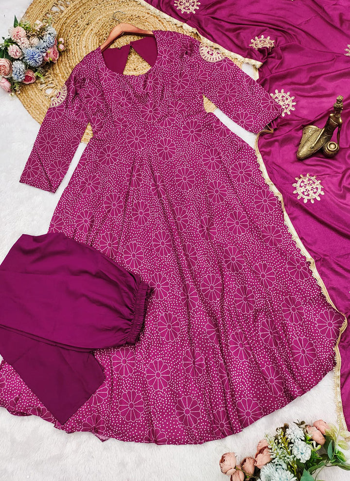 Purple Chinon Digital Printed Anarkali Style Kurta Set