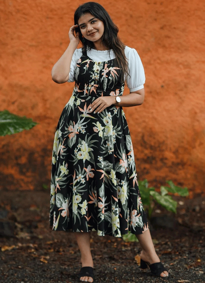 Blissful Floral Hawaiian Print  Rayon Dungaree Dress