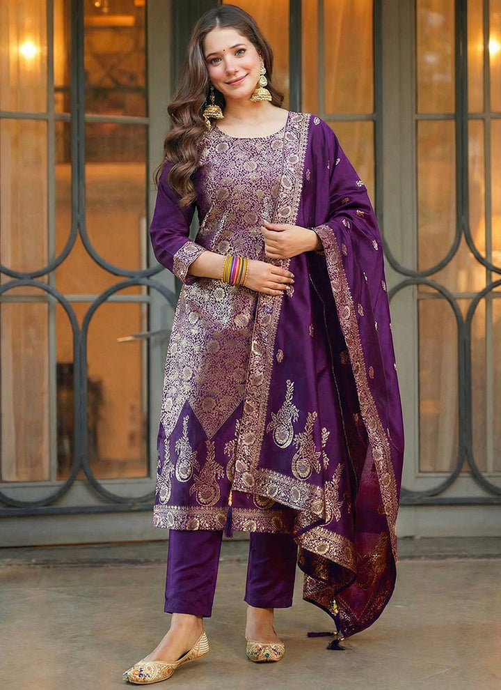 Purple Art Silk Jacquard Ceremonial Kurta Set