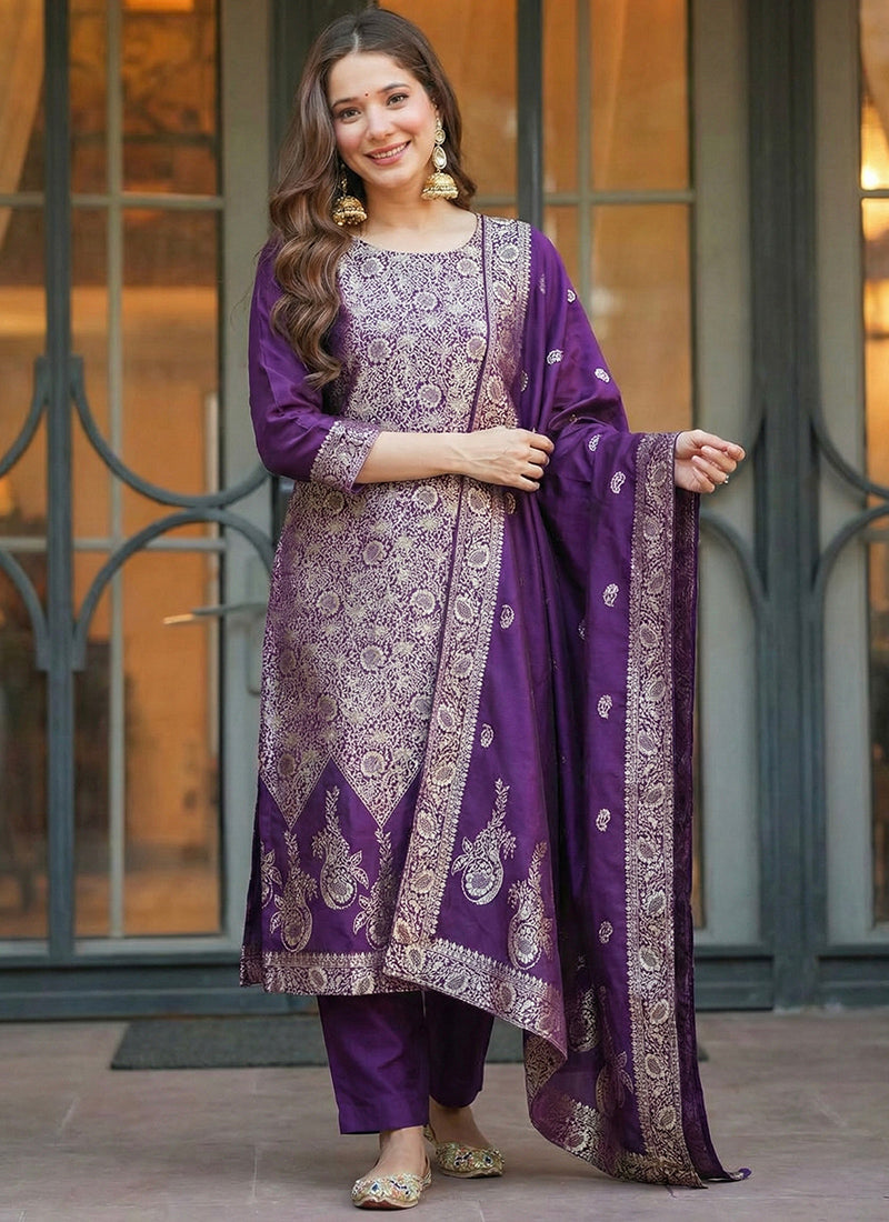 Purple Art Silk Jacquard Ceremonial Kurta Set