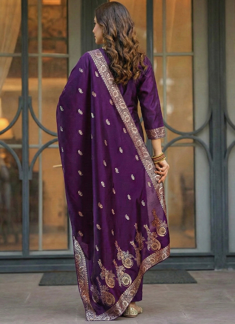 Purple Art Silk Jacquard Ceremonial Kurta Set