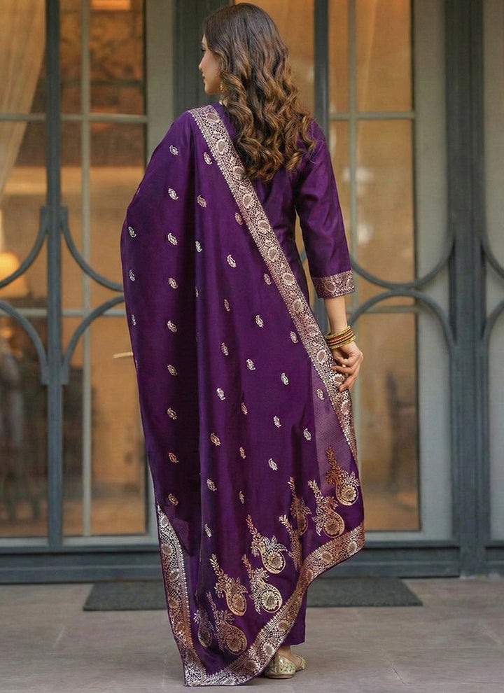 Purple Art Silk Jacquard Ceremonial Kurta Set