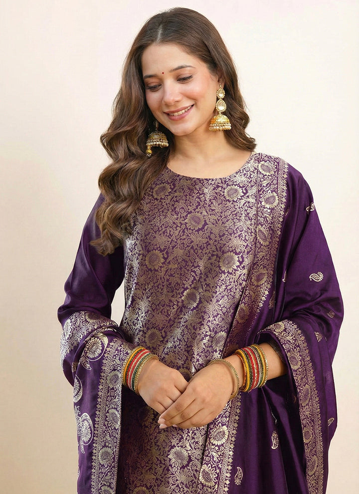 Purple Art Silk Jacquard Ceremonial Kurta Set