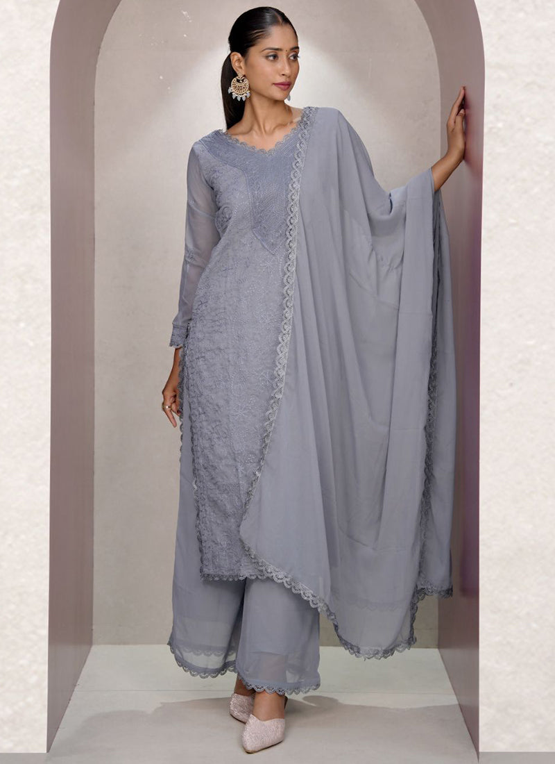 Gray Georgette Palazzo Style Festive Kurta Set