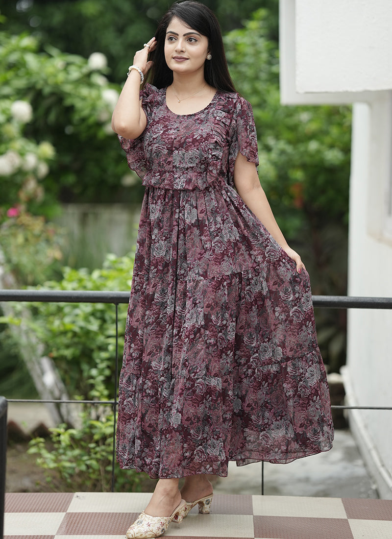 Maroon Georgette Printed Festive Dress