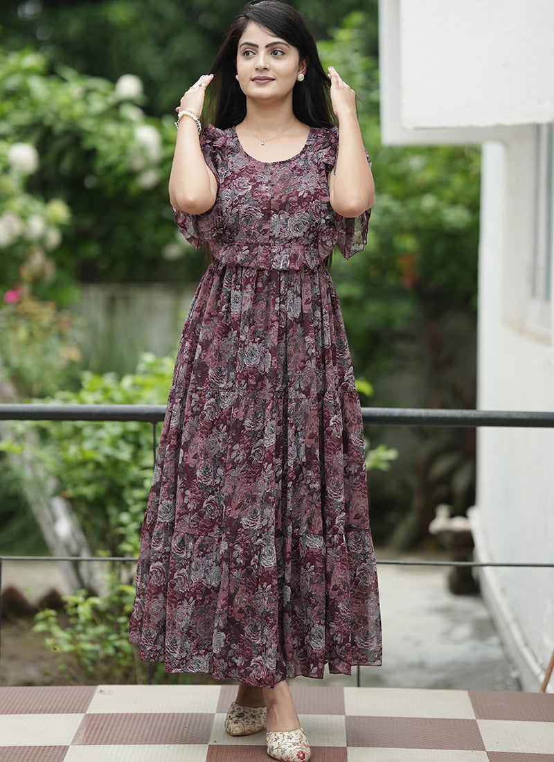 Maroon Georgette Printed Festive Dress