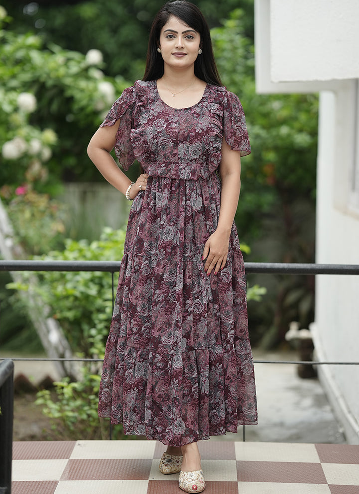 Maroon Georgette Printed Festive Dress