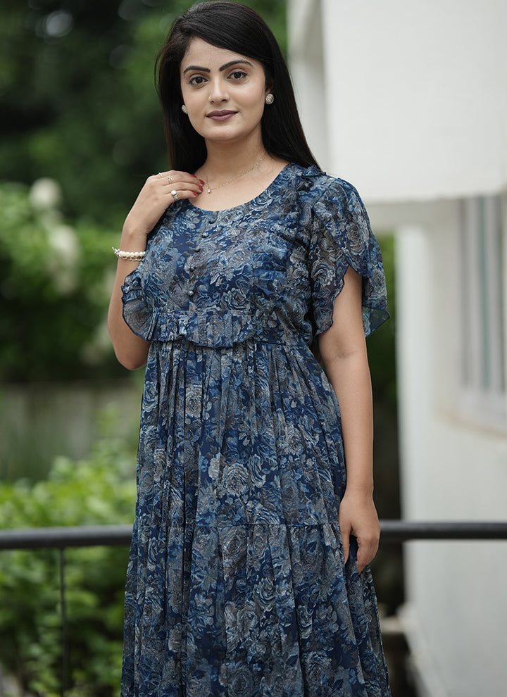 Blue Georgette Printed Festive Dress