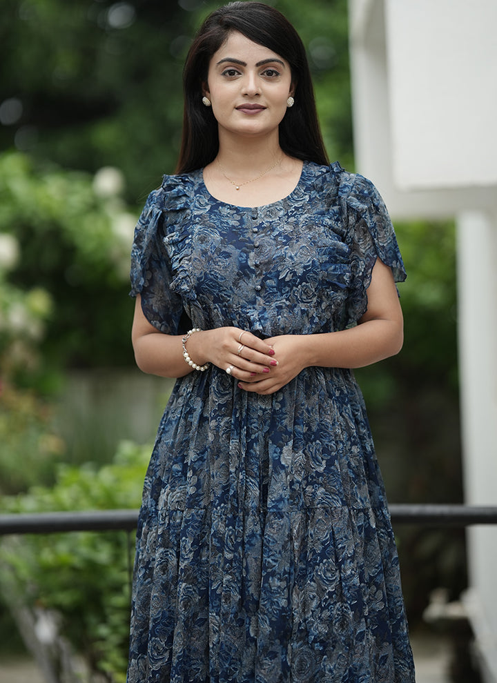 Blue Georgette Printed Festive Dress