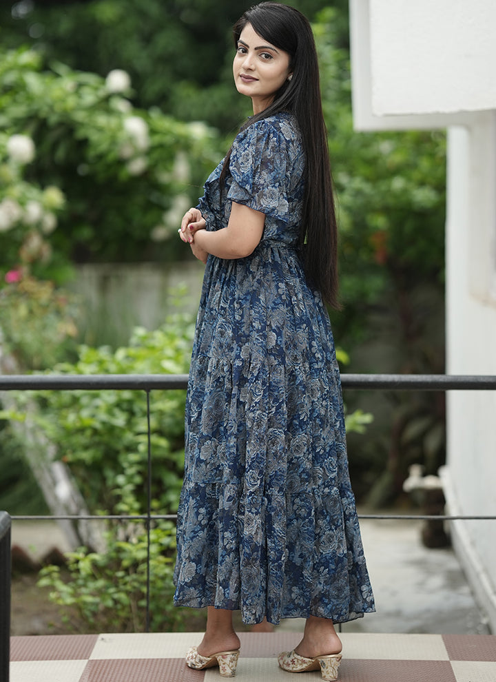 Blue Georgette Printed Festive Dress