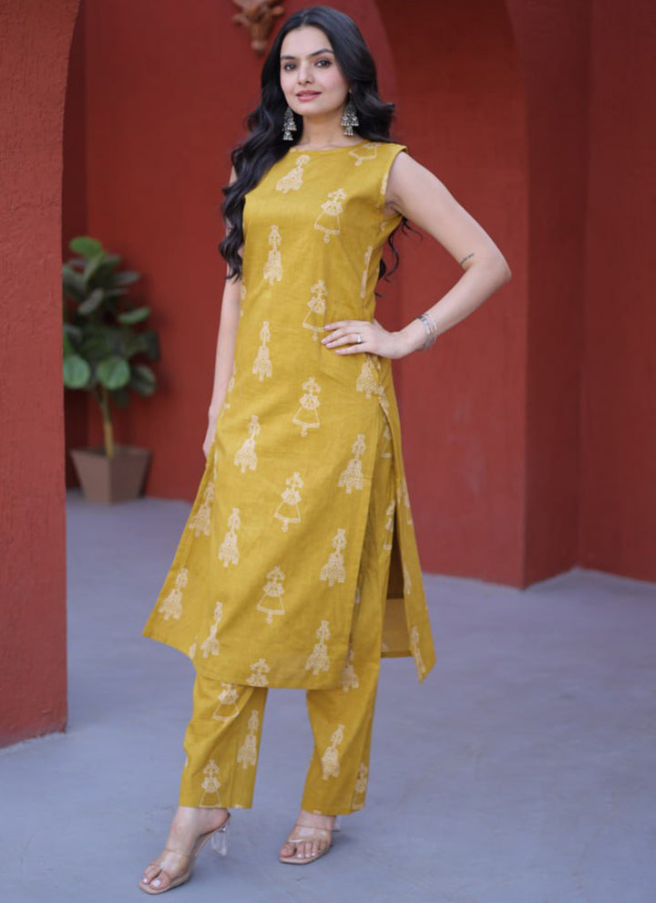 Yellow Cotton Folk Art Printed Outwear Kurti And Pant