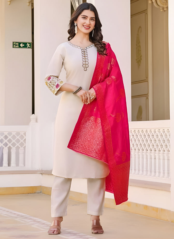 White Rayon Slub Embroidered Festive Kurta Set