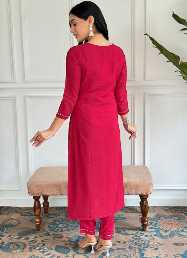 Hot Pink Embroidered Rayon Straight Kurta Set