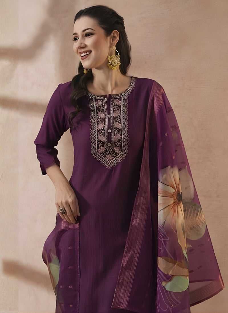 Wine Embroidered Cottton Straight Kurta Set