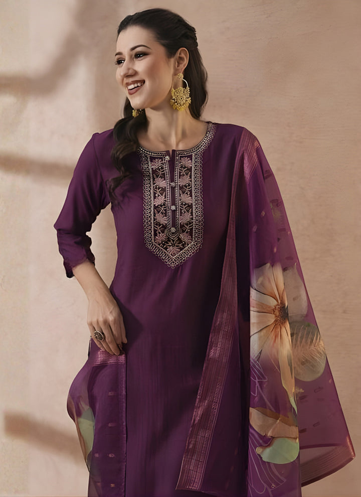 Wine Embroidered Cottton Straight Kurta Set