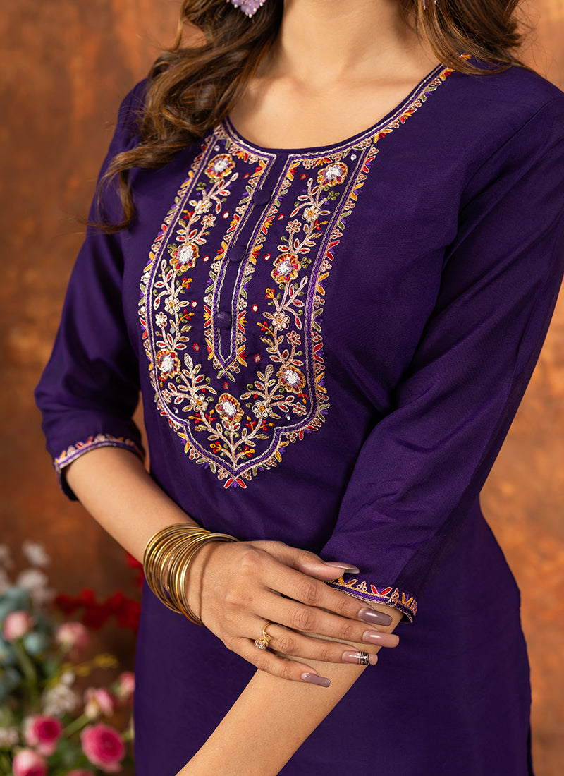 Purple Marina Silk Embroidered Kurta Set