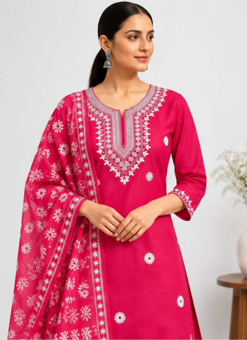Pink Rayon Slub Embroidered Festive Kurta Set