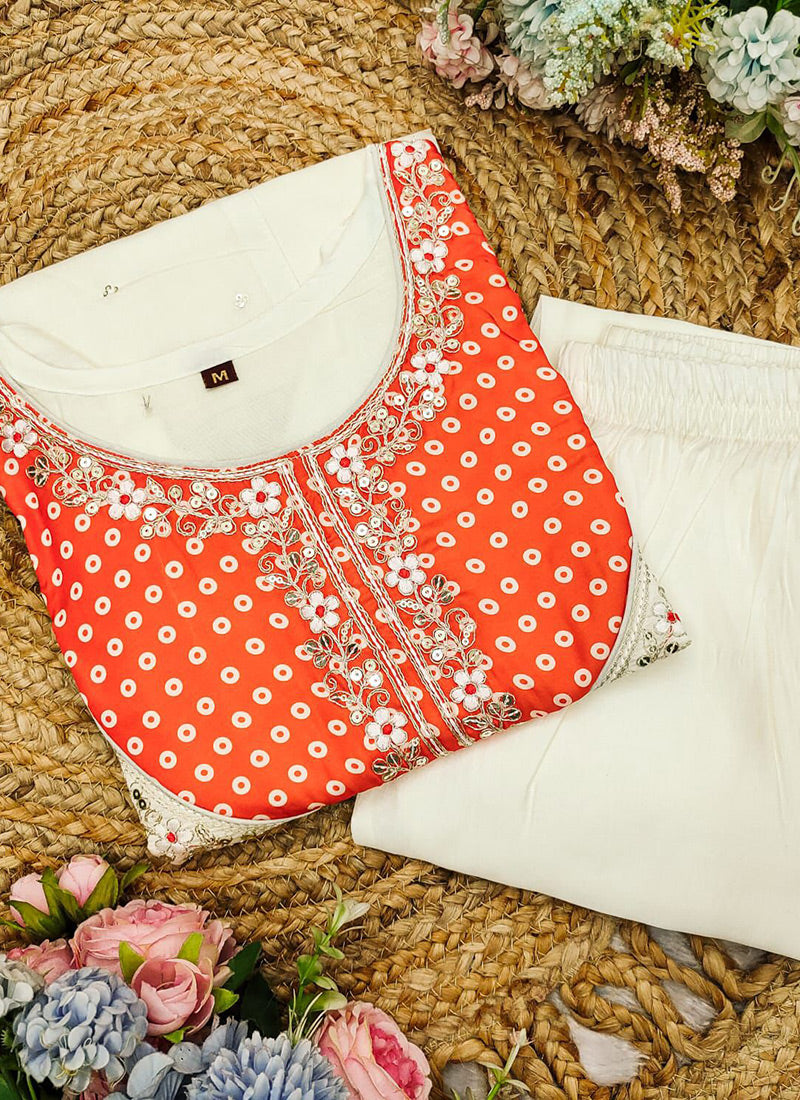 Off White And Orange Embroidered Kurta With Palazzo Pant