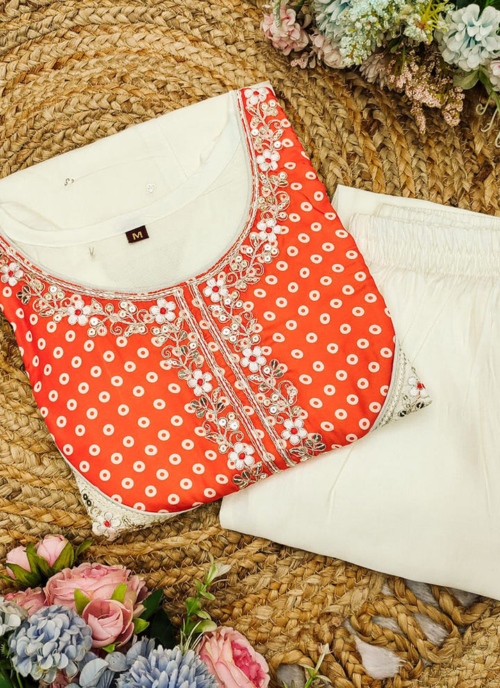 Off White And Orange Embroidered Kurta With Palazzo Pant