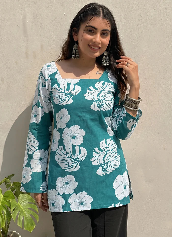 Teal Green Floral Printed Square Neck Cotton Kurti