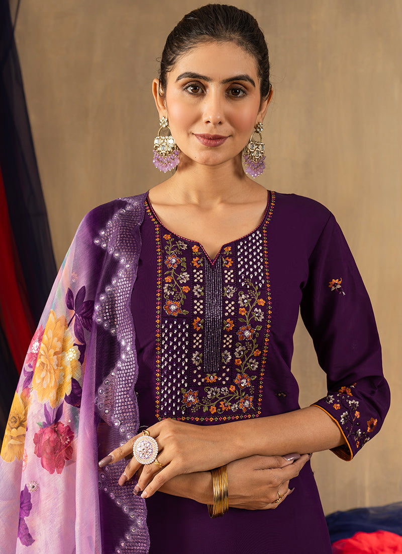 Purple Roman Silk Thread Work Salwar Set For Ceremonial