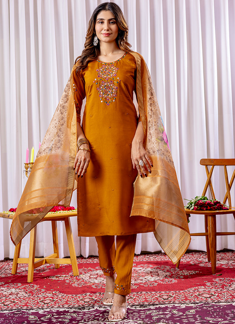 Mustard Thread Work Viscose Silk Kurta Set