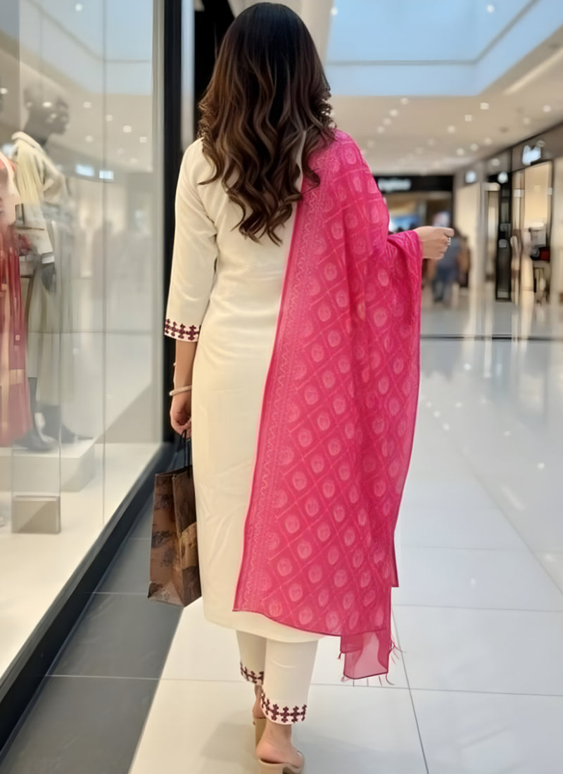 White Rayon Embroidered Straight Kurta Set