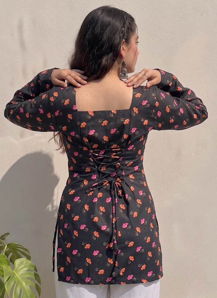 Black Cotton Printed Bell Sleeves Kurti