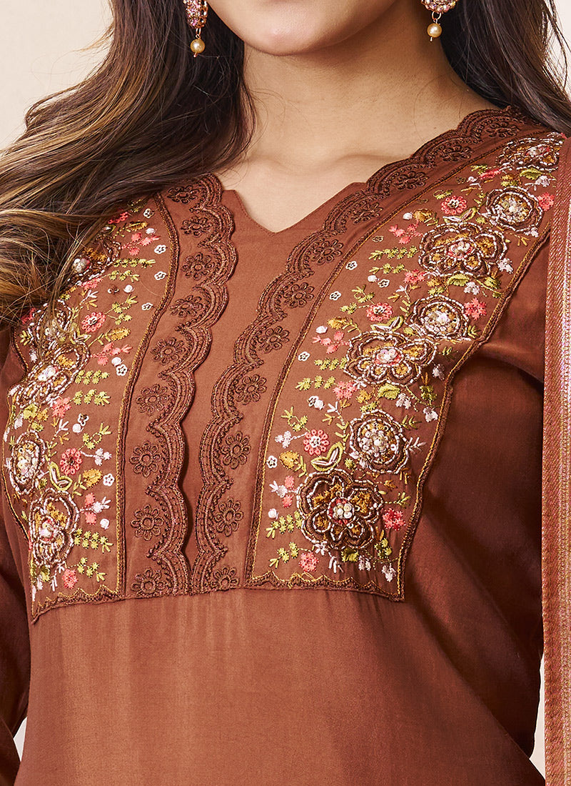 Brown Roman Silk Embroidered Ceremonial Kurta Set