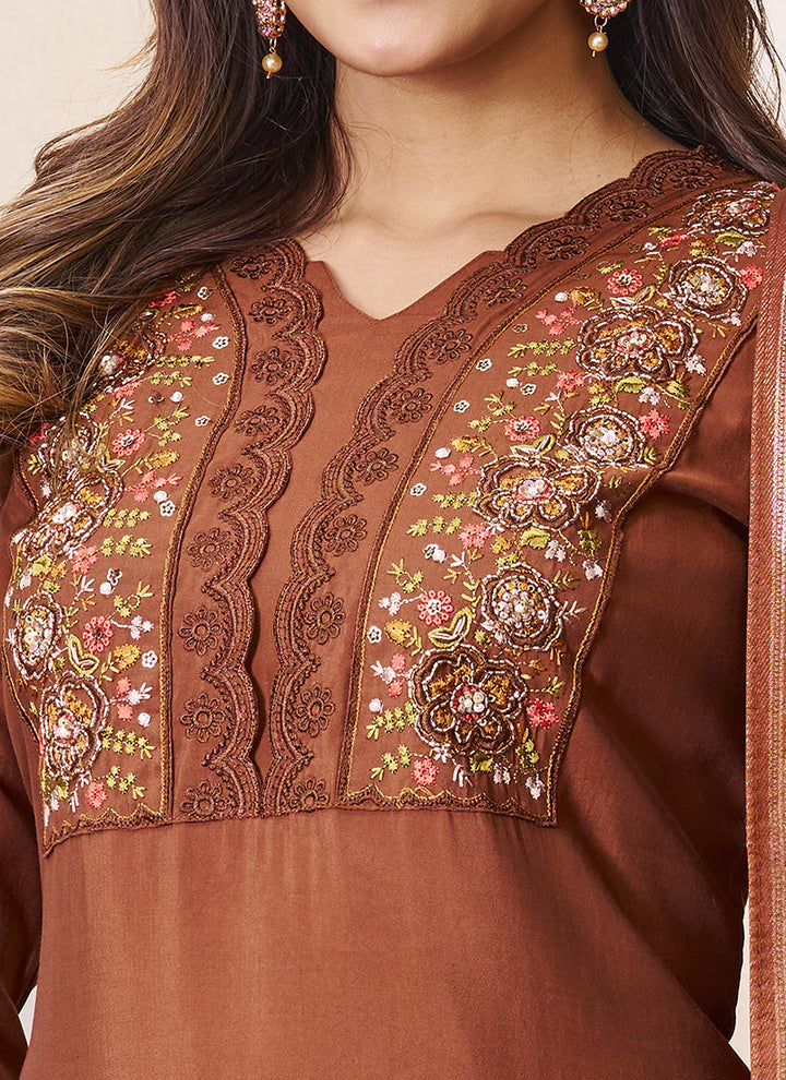Brown Roman Silk Embroidered Ceremonial Kurta Set