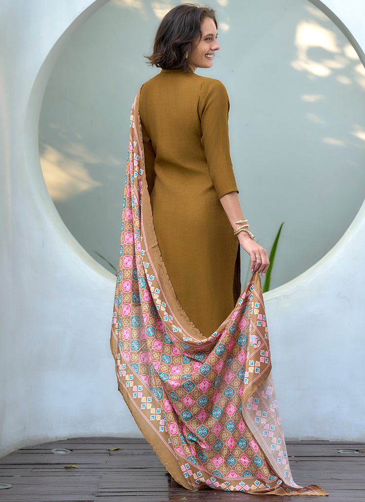 Mustard Vatican Straight Kurta Set With Printed Dupatta