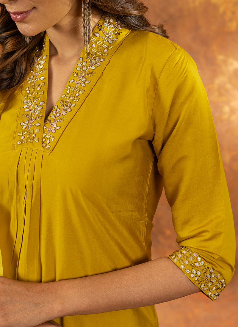 Mustard Yellow Roman Silk Embroidered Kurta Set For Haldi