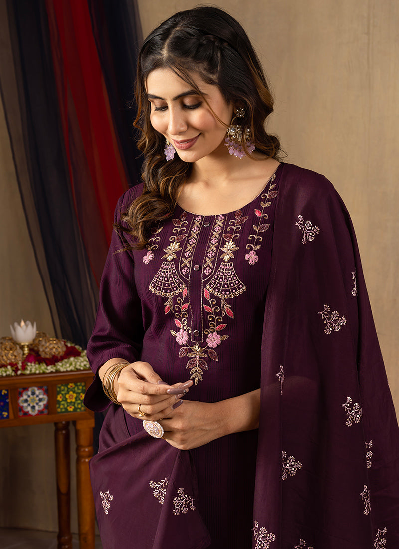 Wine Viscose Thread Embroidered Kurta Set