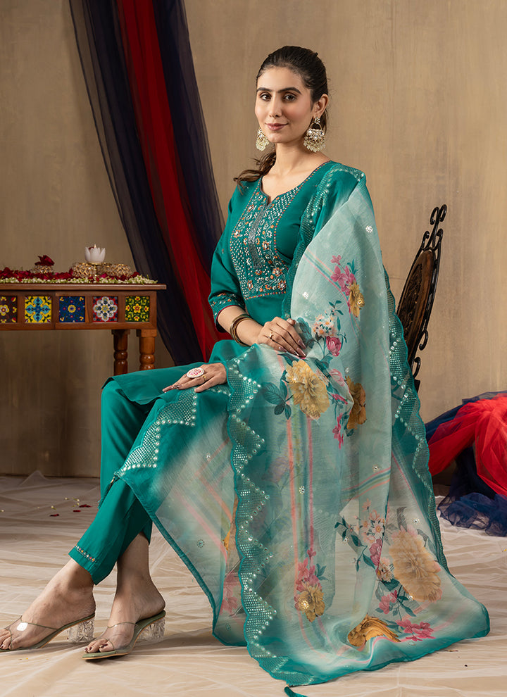 Roman Silk Teal Thread Work Salwar Set For Ceremonial