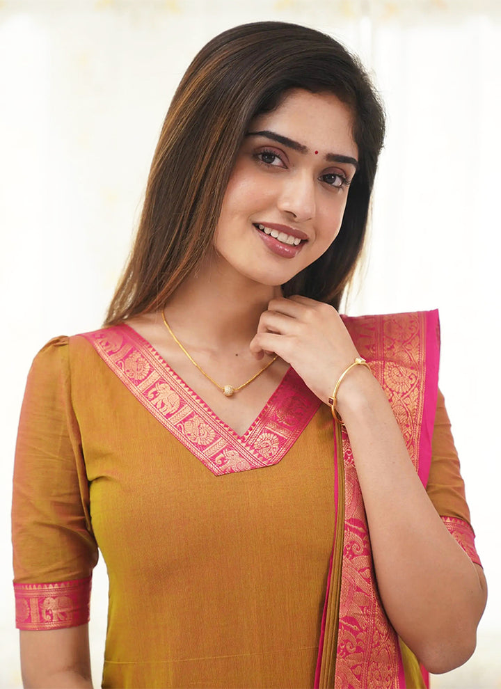 Mustard Kanchi Cotton Woven V-Neck Casual Kurta And Dupatta