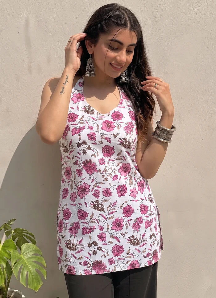 White Floral Printed Cotton Outwear Kurti