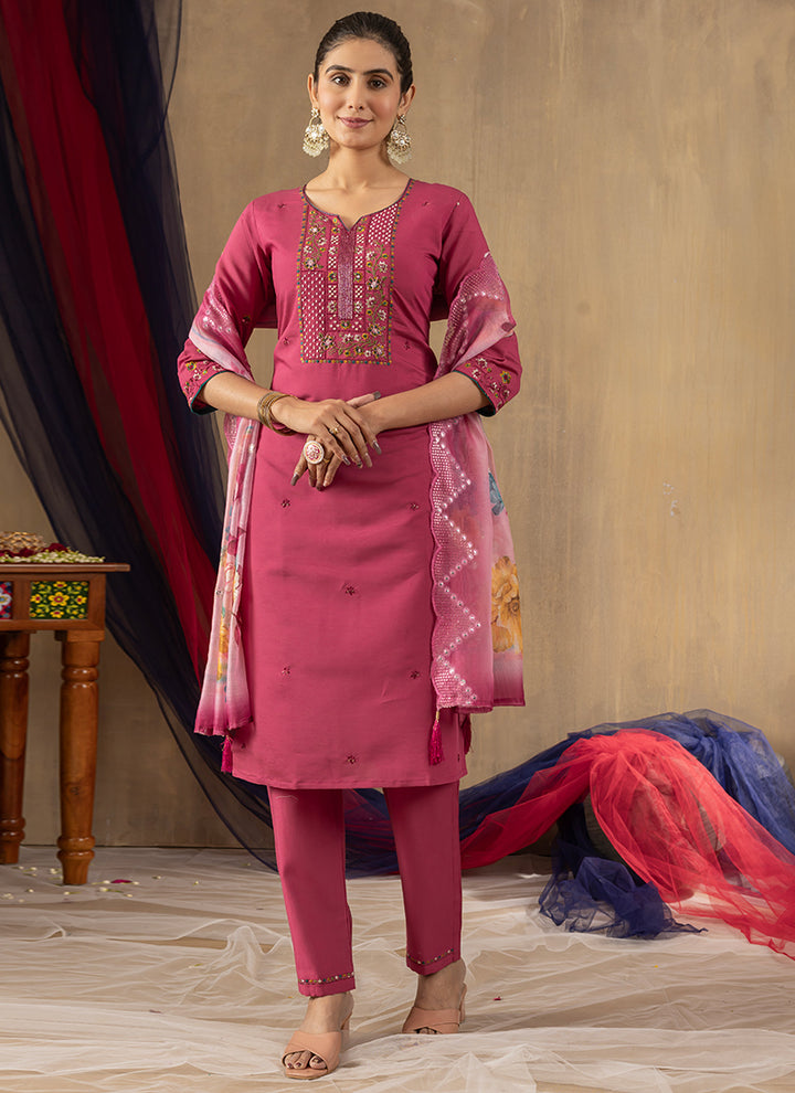 Pink Thread Work Roman Silk Salwar Set For Festive