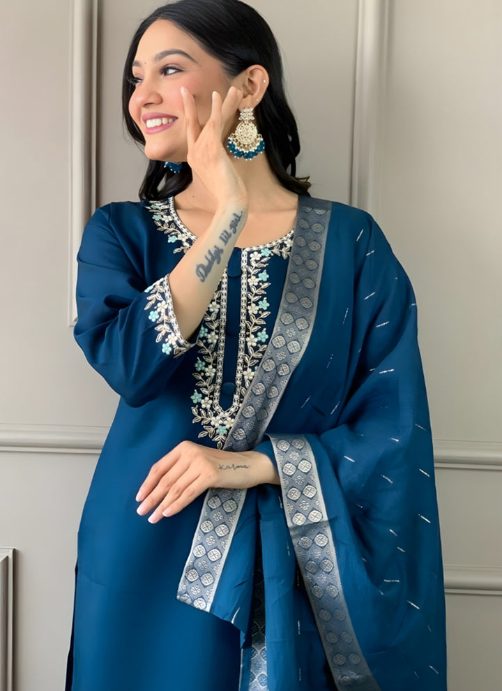 Peacock Blue Rayon Slub Embroidered Festive Kurta Set
