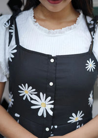 Admirable Daisy Flower Printed Black Rayon Dungaree Dress