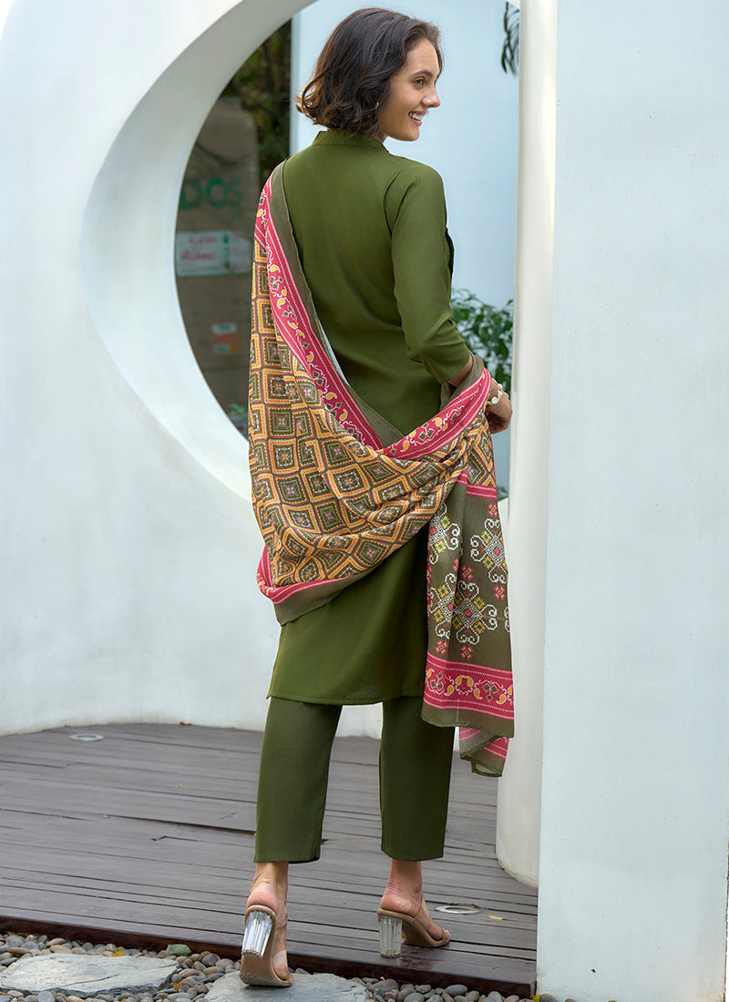 Lively Green Straight Kurta Set With Printed Dupatta