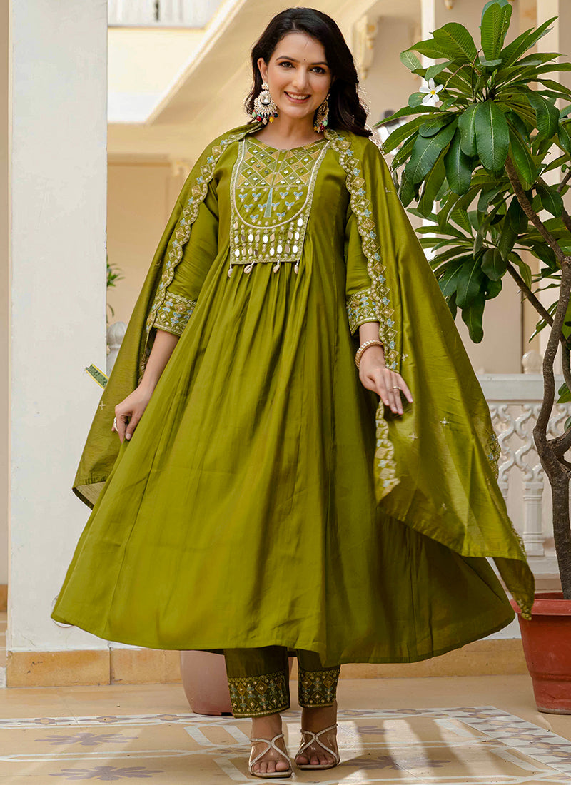 Mehndi Green Viscose Roman Silk Layered Kurta Set