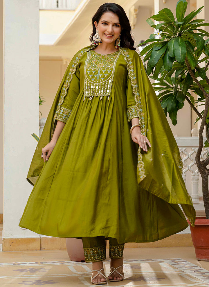 Mehndi Green Viscose Roman Silk Layered Kurta Set