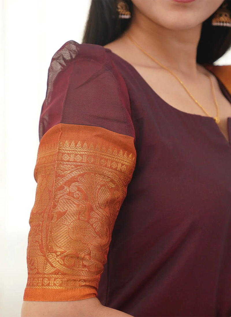 Wine Kanchi Cotton Woven Kurta And Dupatta For Casual Wear