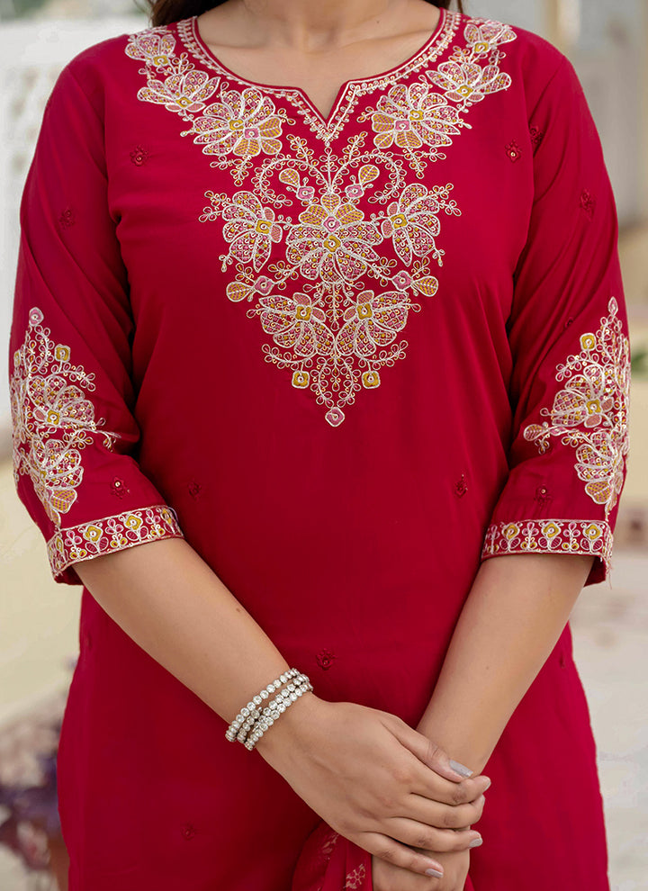 Maroon Embroidered Roman Silk Festive Kurta Set