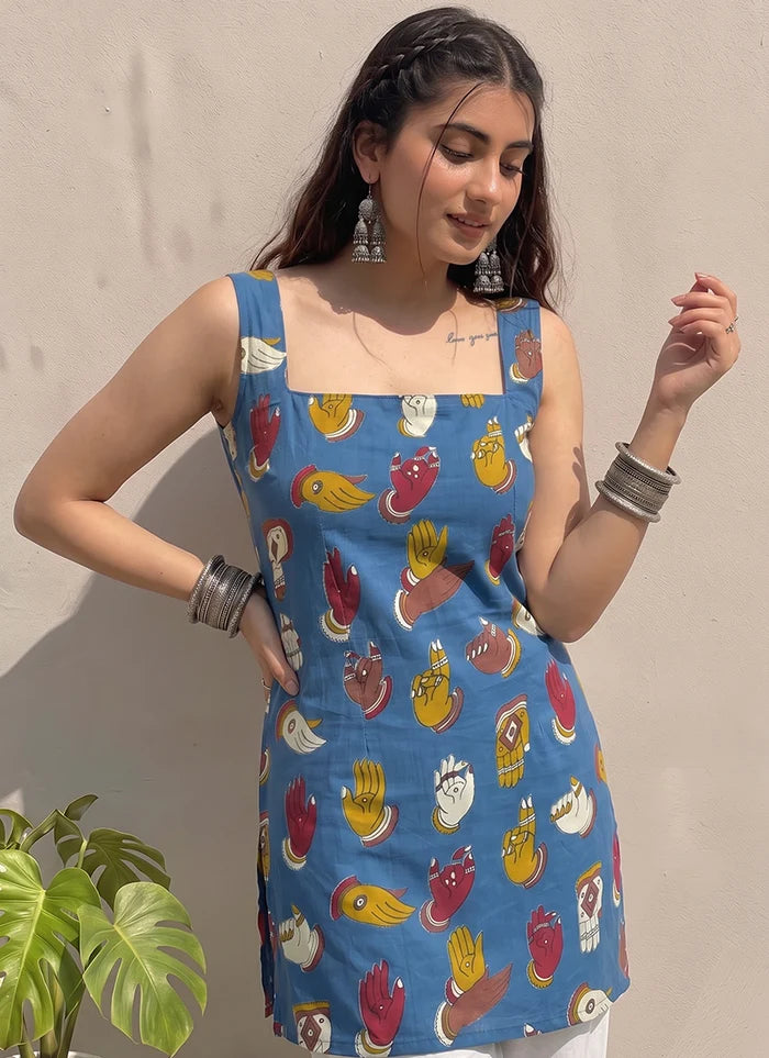 Blue Cotton Printed Straight-Cut Kurti