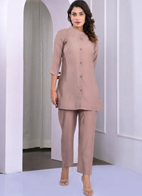Beige Color Shirt Pattern Crepe Cord Set