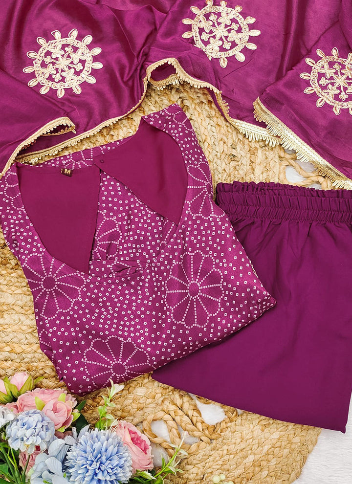 Purple Chinon Digital Printed Anarkali Style Kurta Set