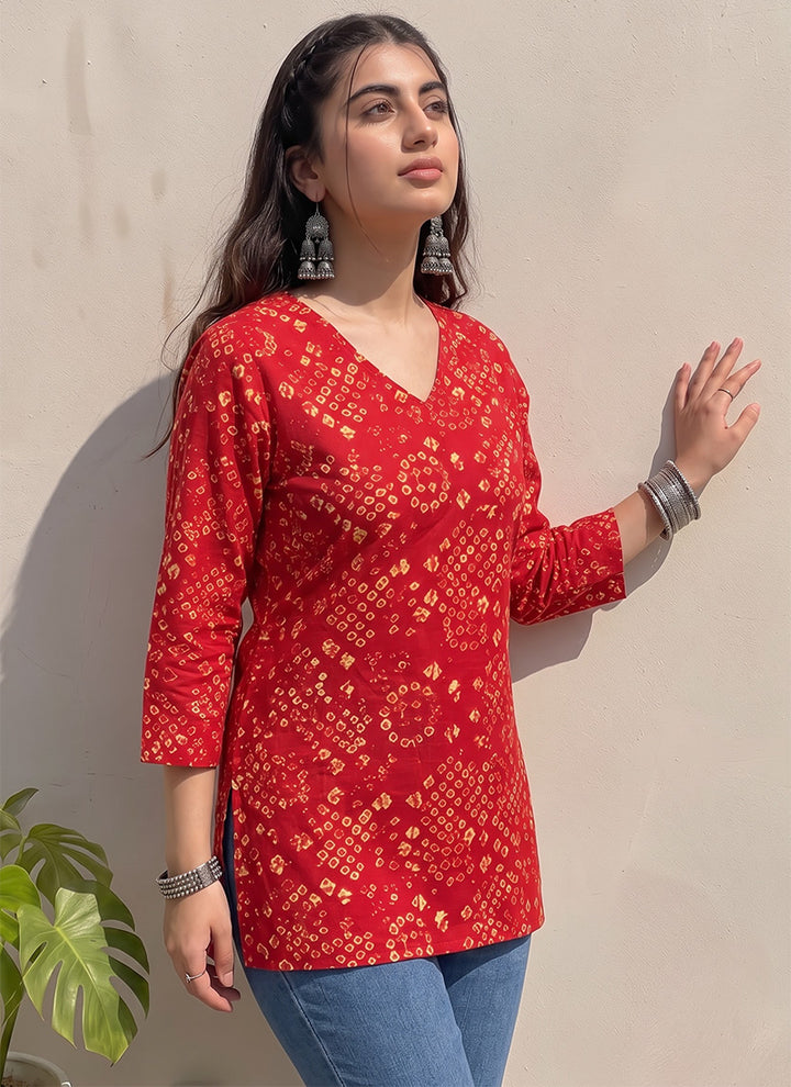 Red Cotton Bandhej Printed Outwear Kurti